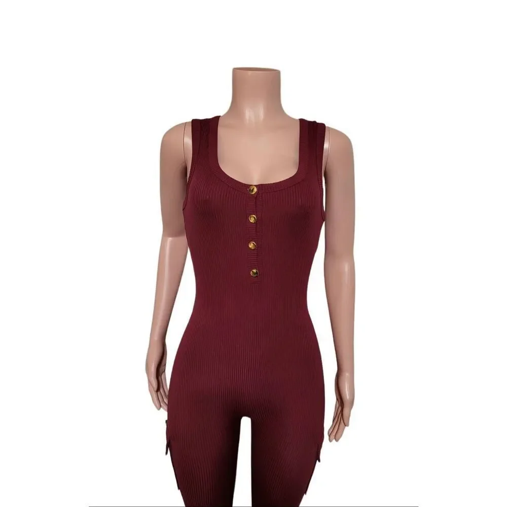 Asa women's crew neck sleeveless ribbed button-up burgundy jumpsuit knit bodyco